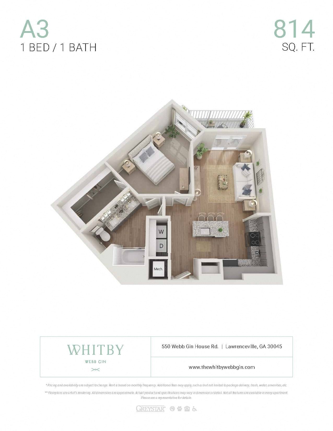 Floor plan for 1 bed, 1 bath, 814 sqft